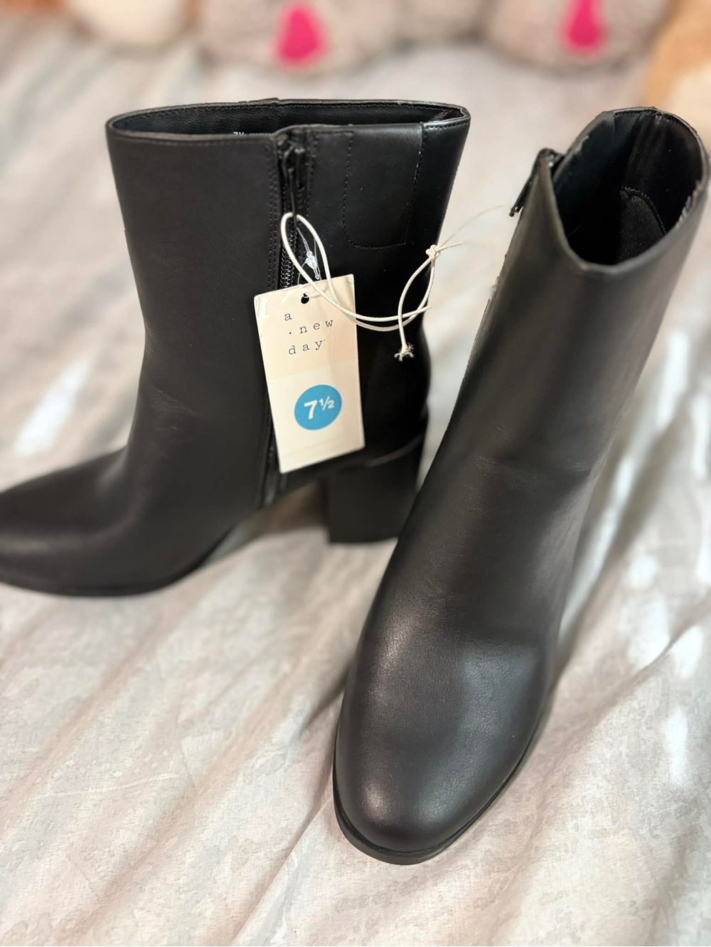 A new day Black Faux Leather Ankle Boots with Block Heel